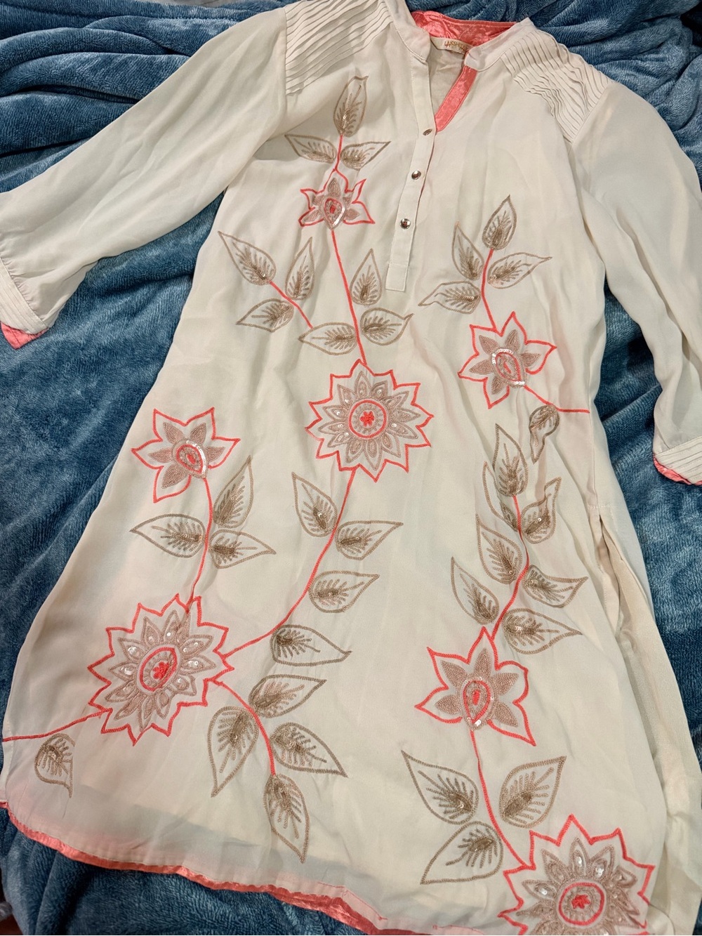 Embroidered Floral Cream Tunic with Coral Accents